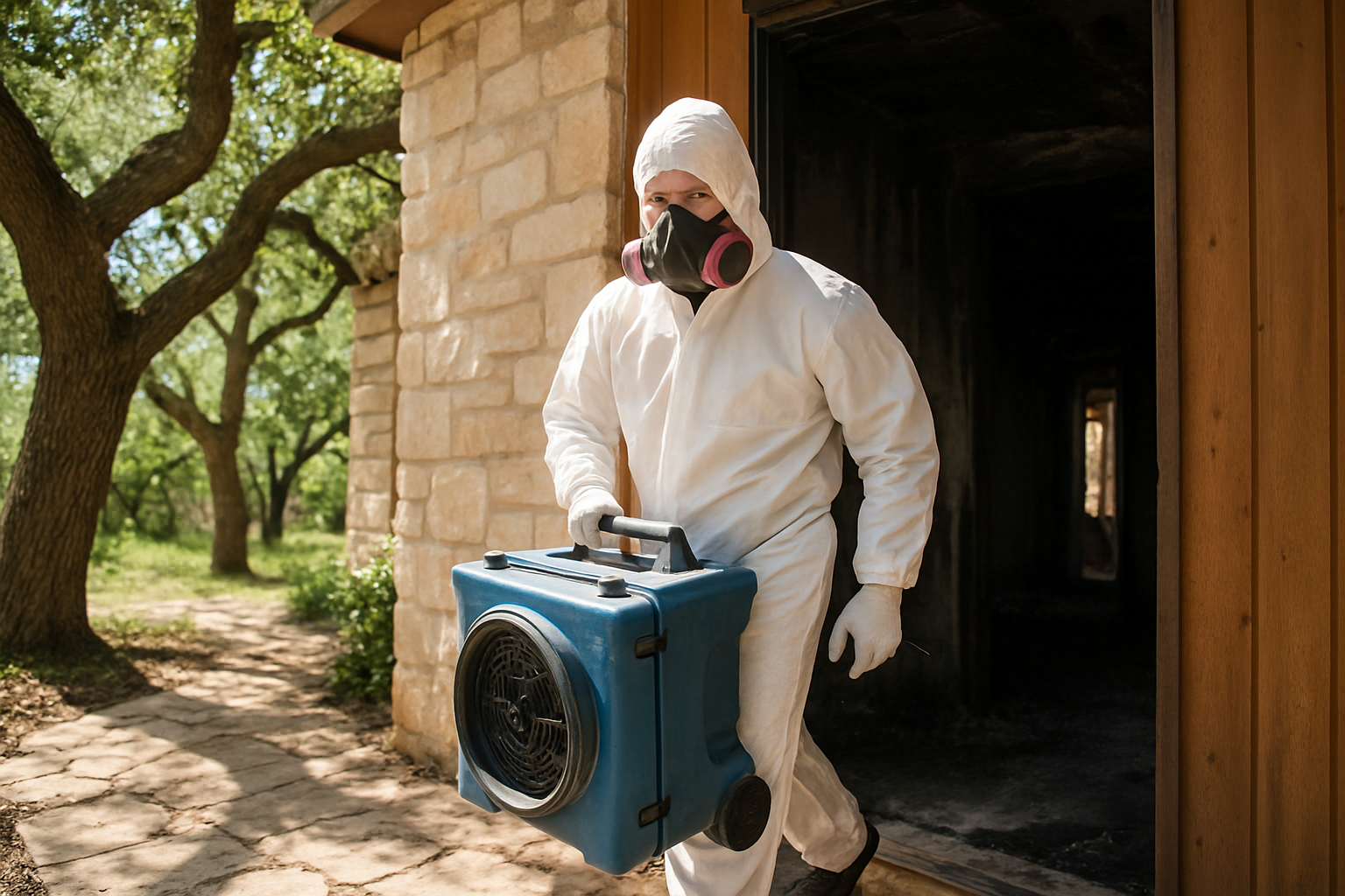 Austin fire damage restoration technician at a local home